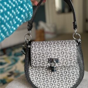Guess Gray and Black Shoulder Bag with Monogram Design